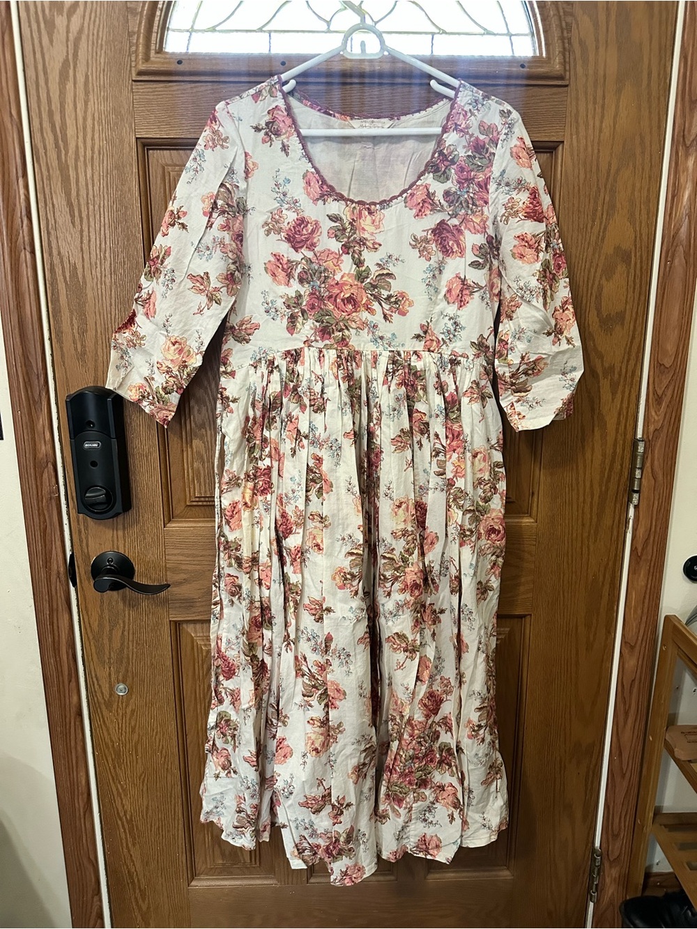 Floral Midi Dress - Cream with Pink Rose Print